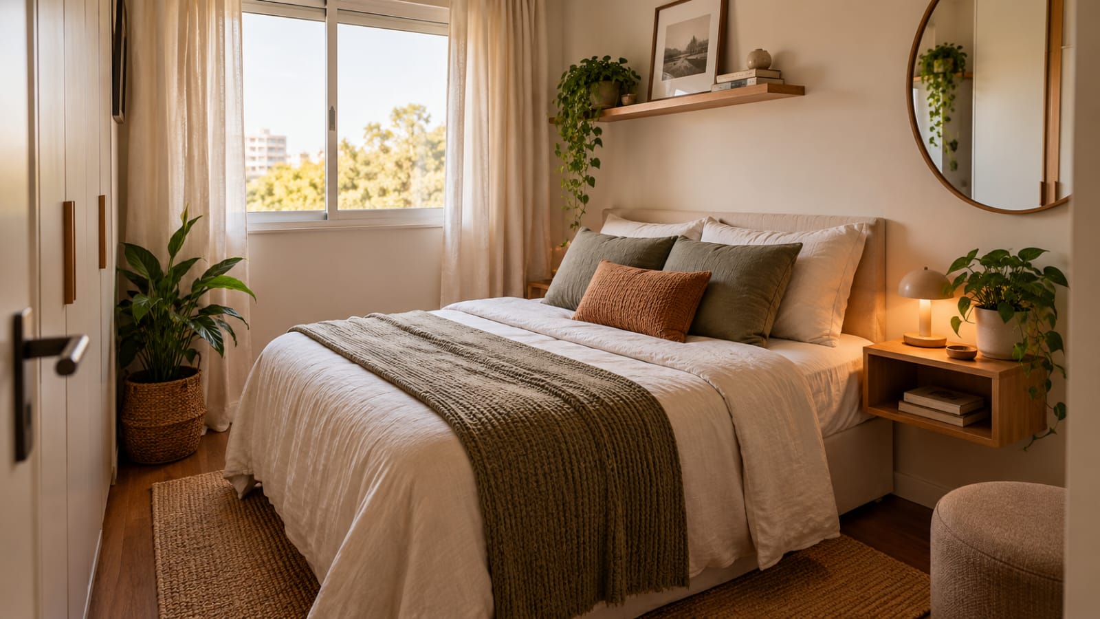 Quarto pequeno decorado com cama, cortinas claras e detalhes aconchegantes.